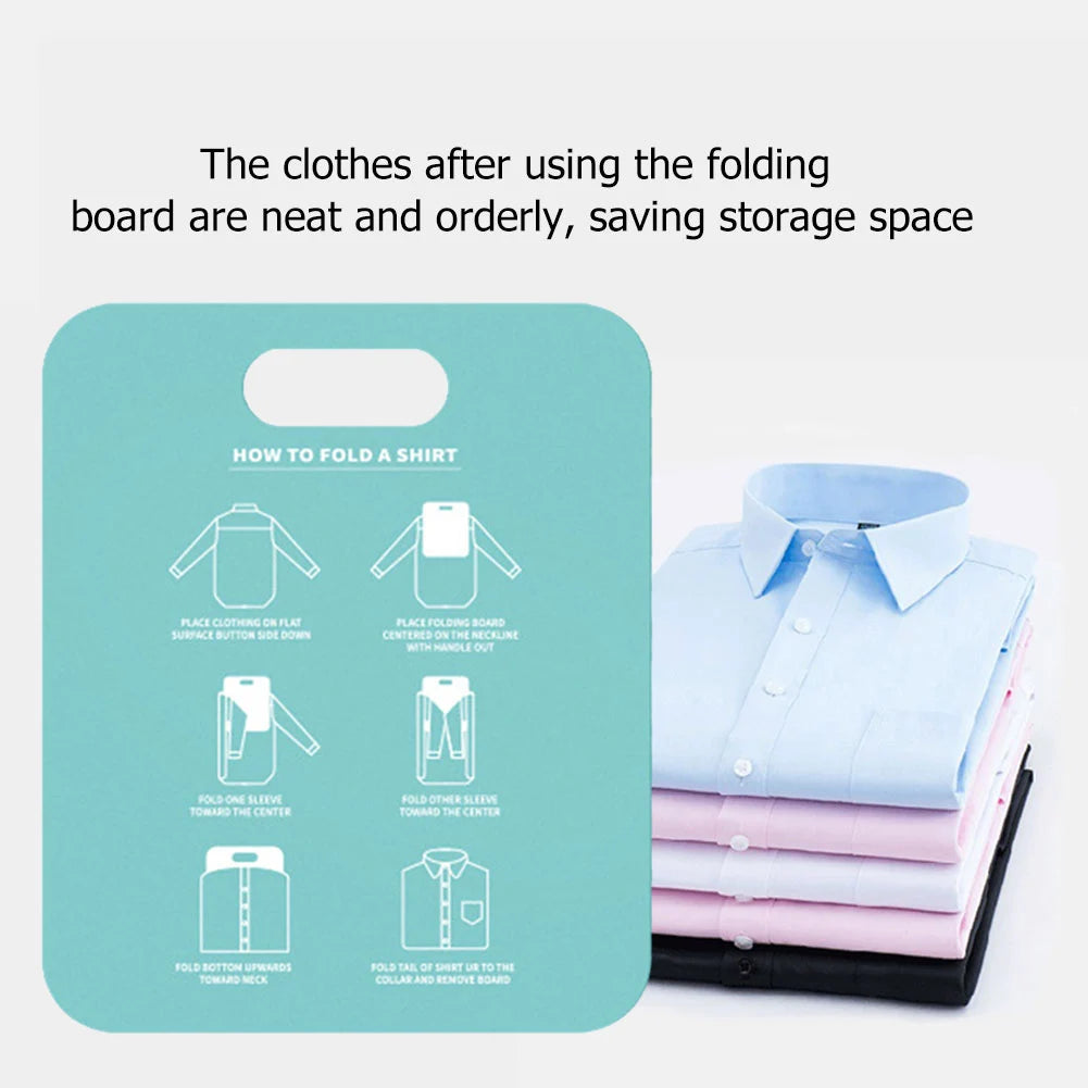 Green folding board with folding instructions beside neatly stacked folded shirts