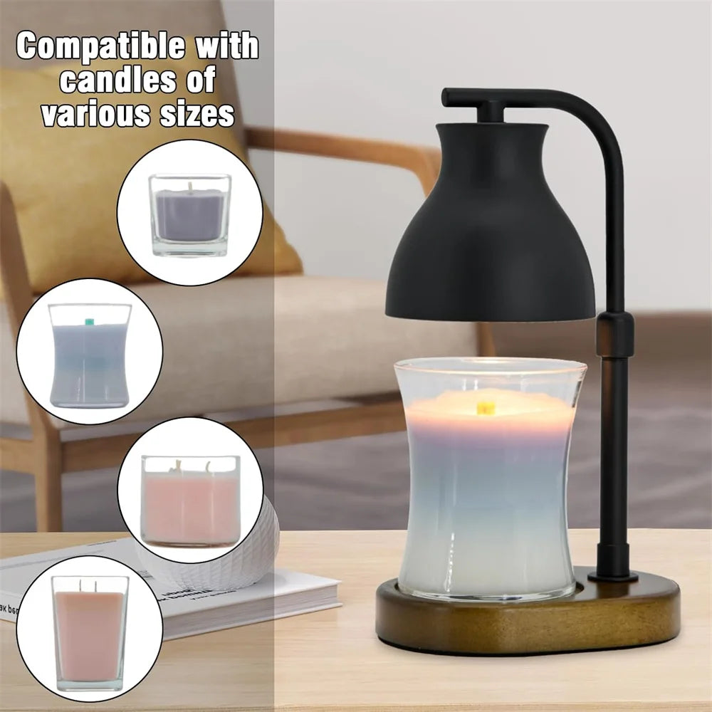 Electric candle warmer lamp shown with various jar candle sizes in a modern living room
