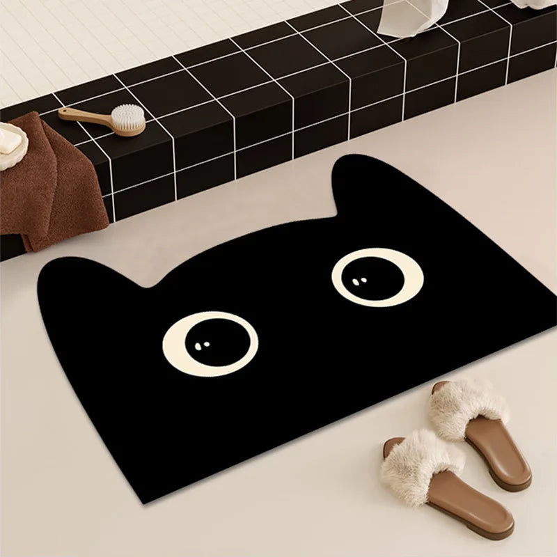 Black Cat Quick-Dry Bath Mat with Non-Slip Rubber Backing