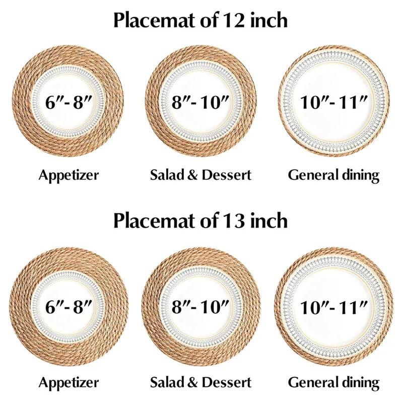 Size comparison for 12 inch and 13 inch round placemats with plate types