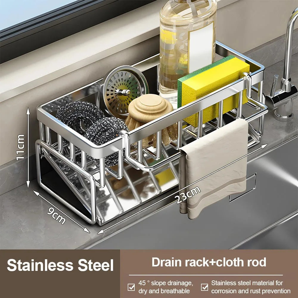 Stainless Steel Sink Drying Rack with Removable Cloth Rod for Kitchen Countertop Organization