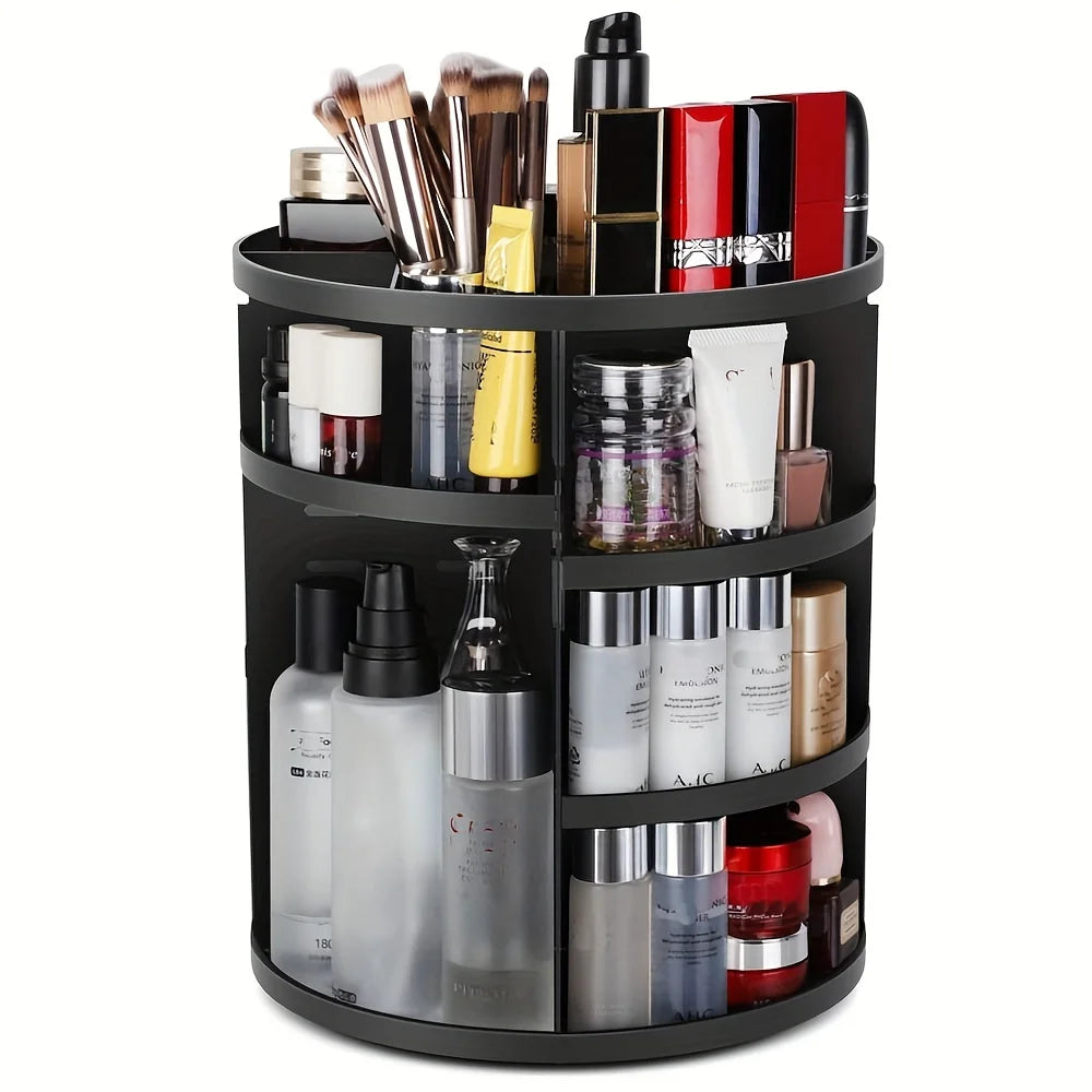 360° Rotating Makeup Organizer with Adjustable Shelves for Bathroom & Vanity – Clear, White, or Black