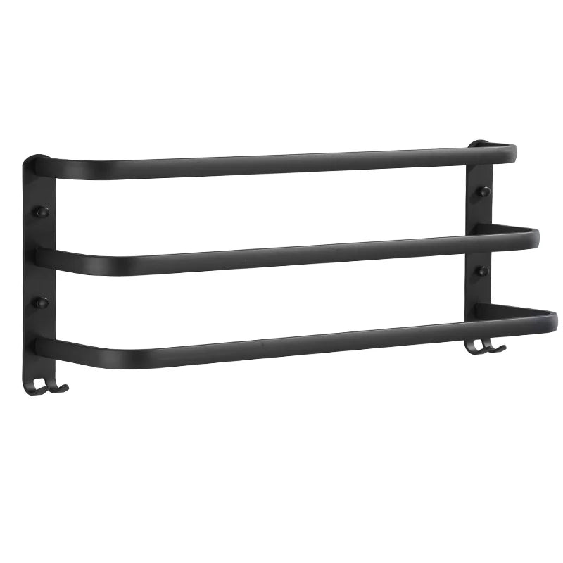 Matte Black Aluminum Wall-Mounted Towel Rack with Hooks for Bathroom Organization, 50cm, Single/Double/Triple Bar