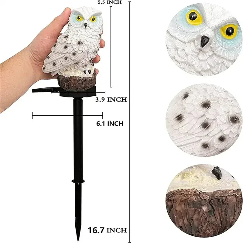 Scale image of white owl solar garden stake light with hand for size reference and detail close-ups