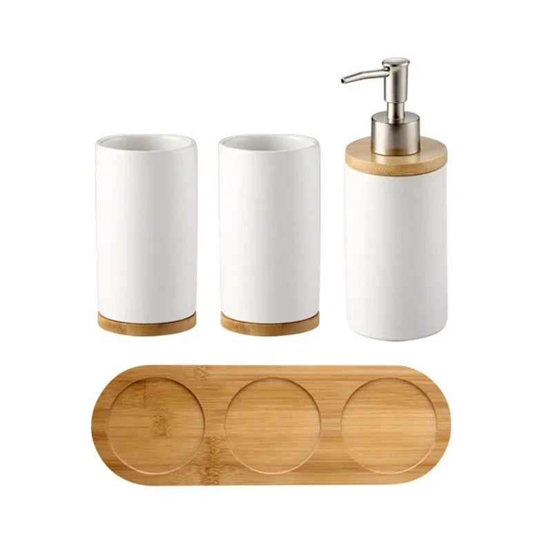 Arden Ceramic Bathroom Accessories Set with Wooden Tray – Modern Countertop Organizer for Soap and Toothbrush Storage