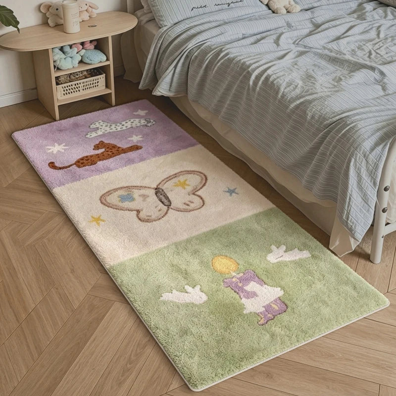 rectangular soft rug with butterfly and playful animals near bed