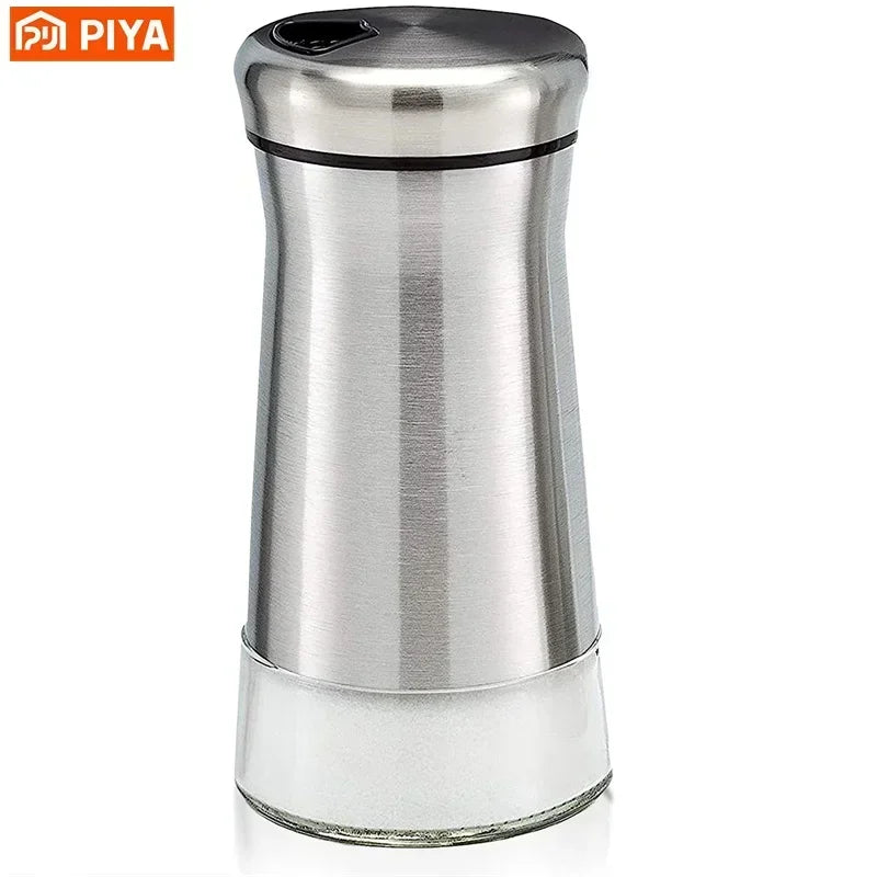 adjustable glass and stainless steel salt and pepper shaker with silver finish