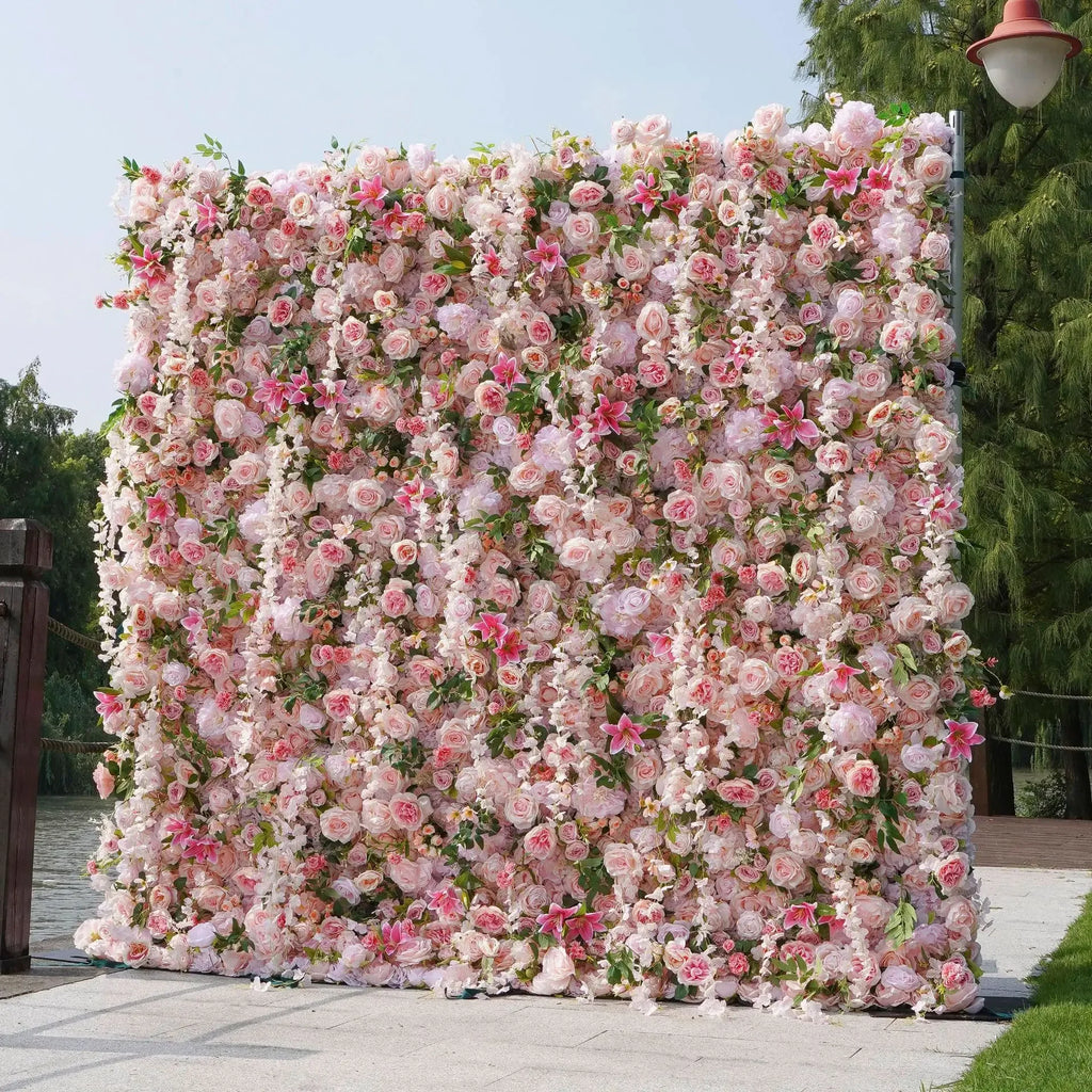 Large silk rose flower wall panel with pink and blush florals used as an outdoor backdrop