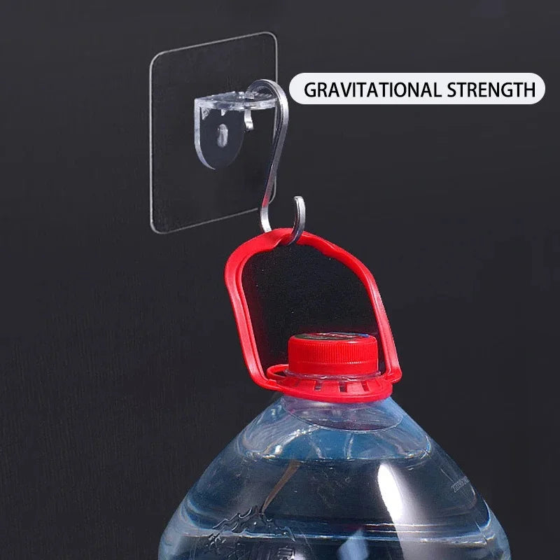 Clear acrylic bracket with hook holding a water jug on a dark wall, showing strength