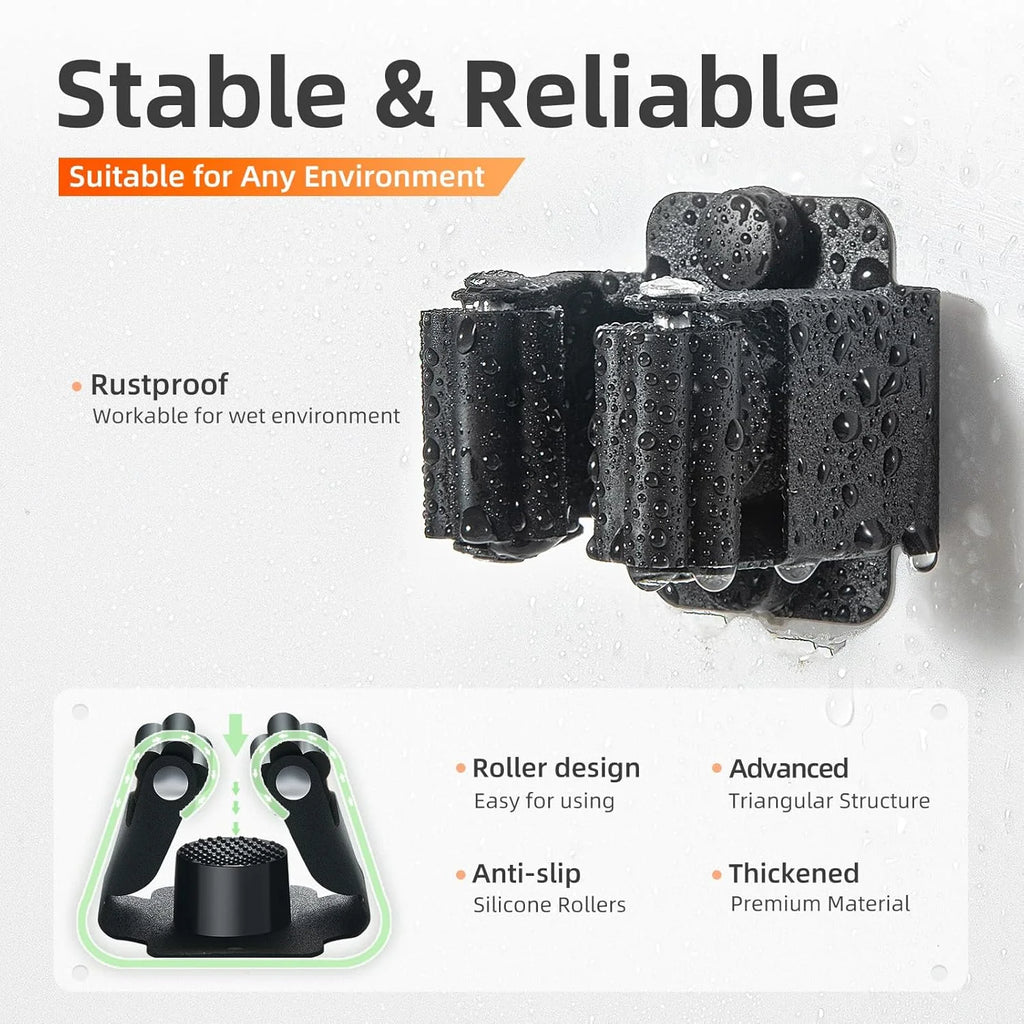 Close-up of wall-mounted broom holder with water droplets, highlighting rust-resistant and anti-slip features