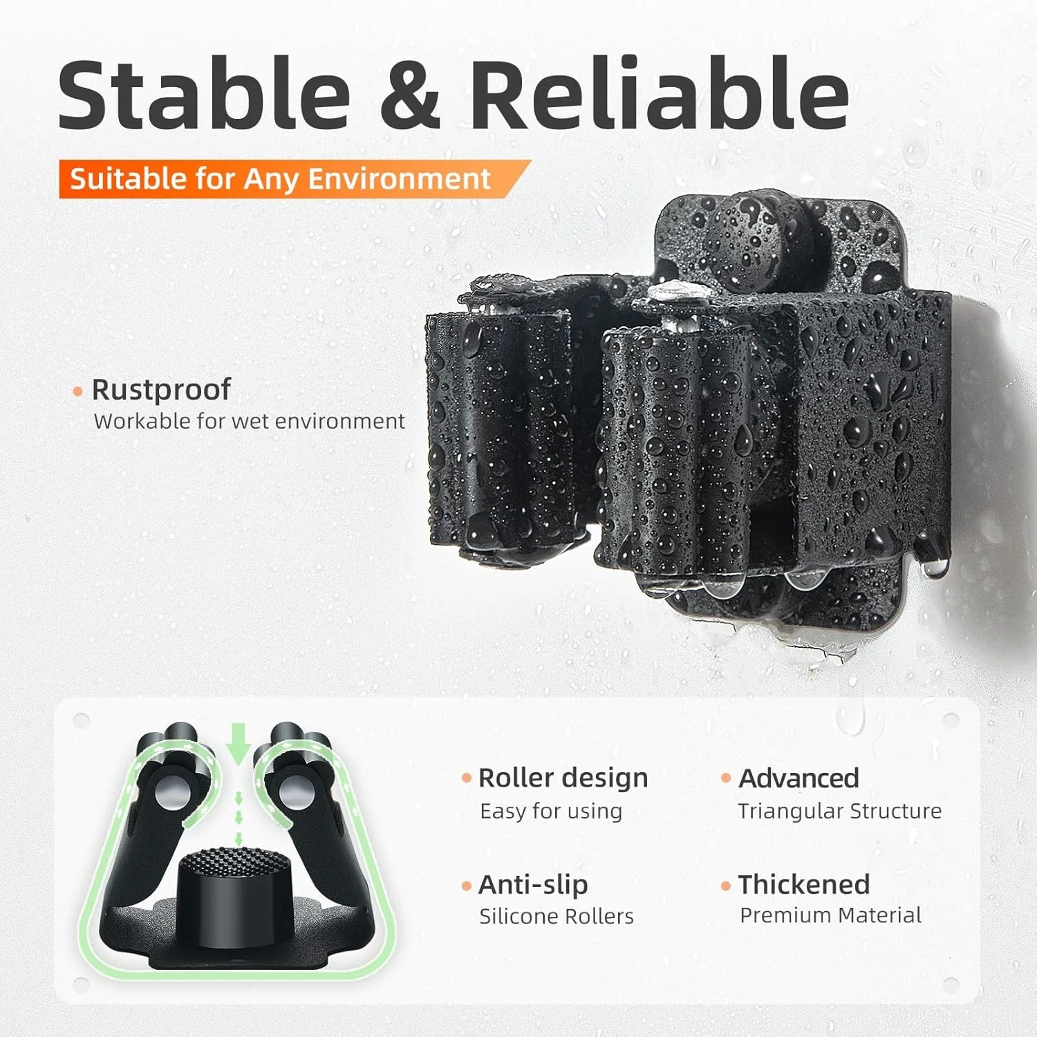 Close-up of wall-mounted broom holder with water droplets, highlighting rust-resistant and anti-slip features