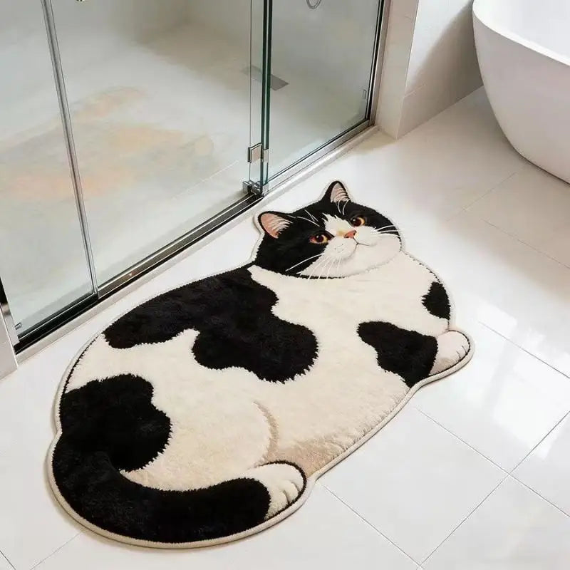 cat shaped bath mat in black and white cow cat pattern on white bathroom floor near glass shower