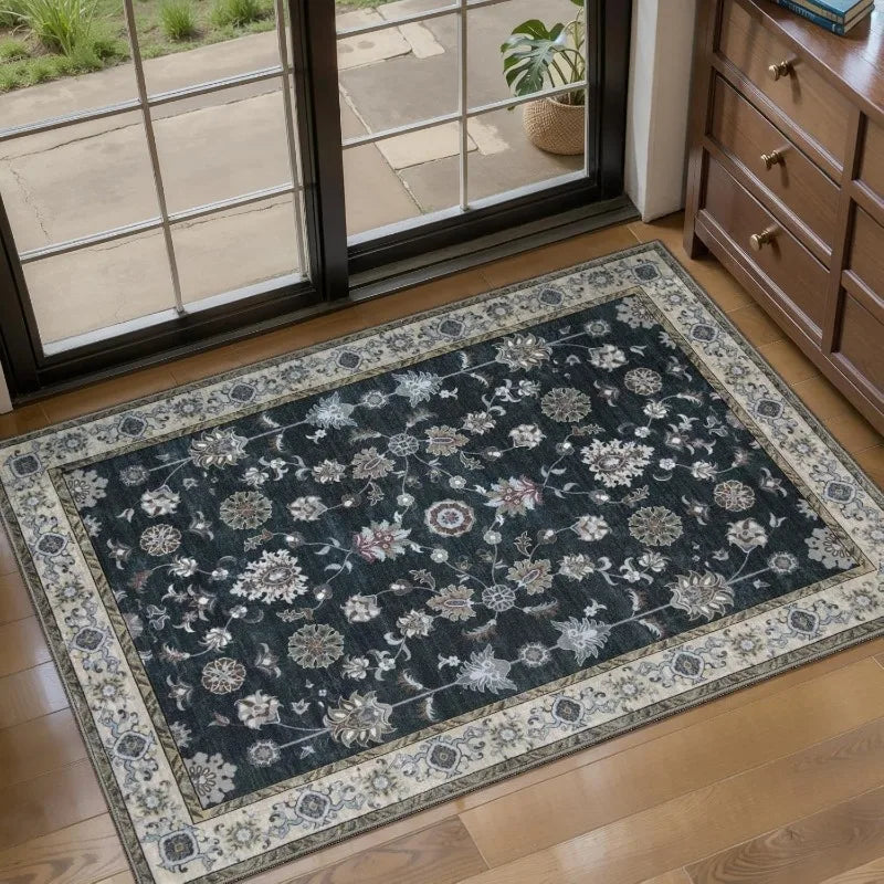 dark-toned Persian style non-slip rug with floral design by patio doors