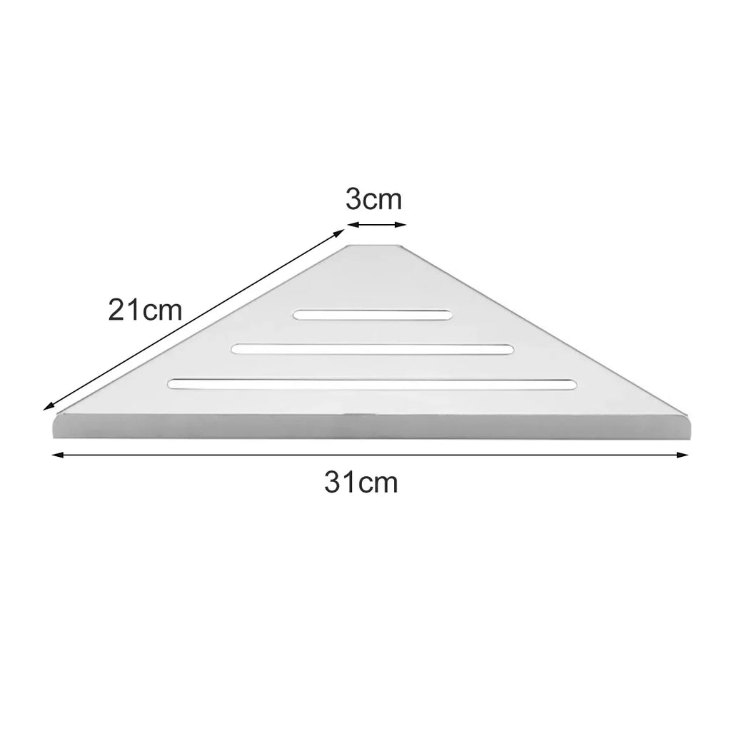 triangle shower shelf, silver color, showing size dimensions of 31x21x3 centimeters