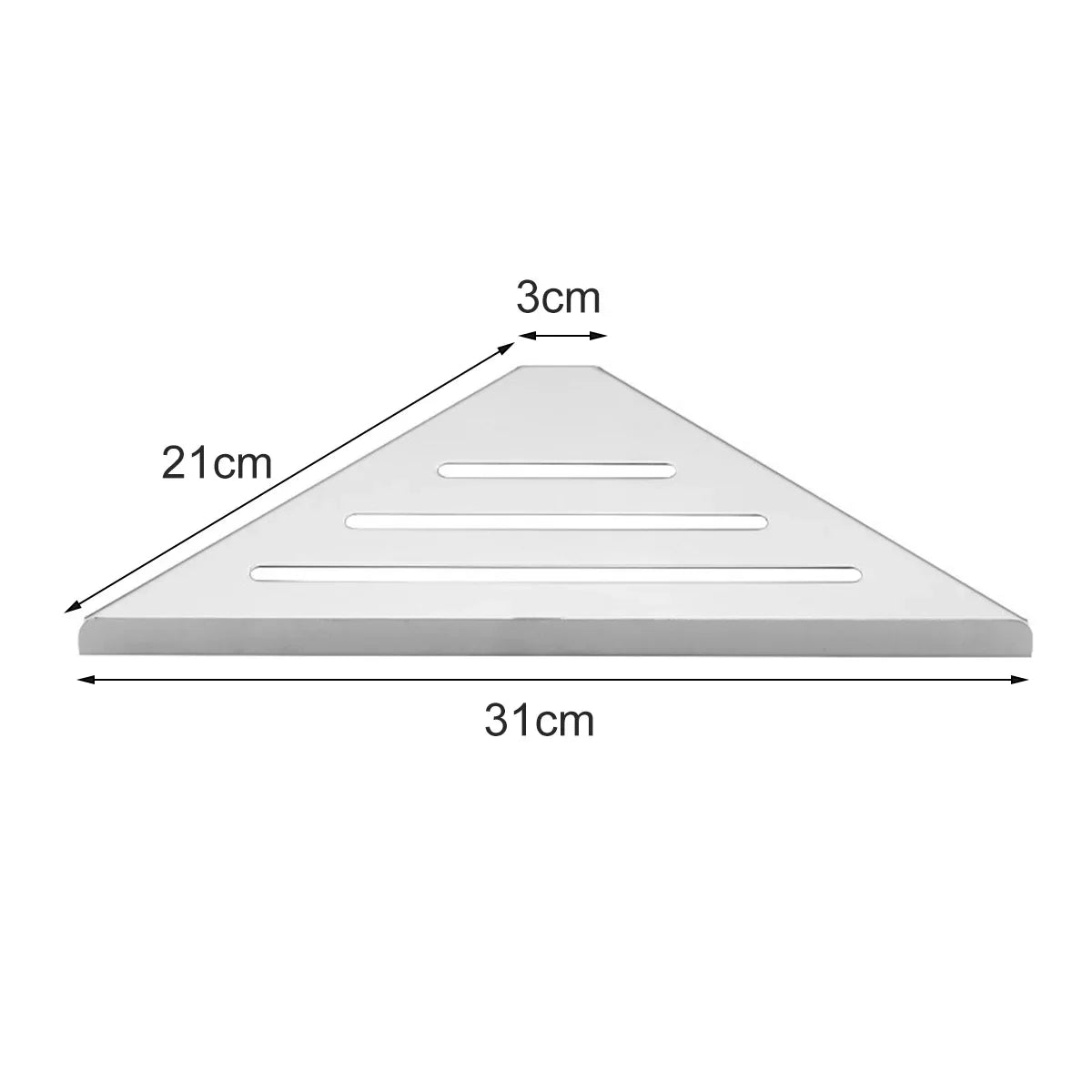 triangle shower shelf, silver color, showing size dimensions of 31x21x3 centimeters