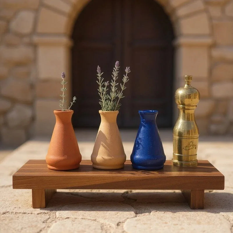 Brown wood tray displayed outdoors with three small vases and golden decor bottle