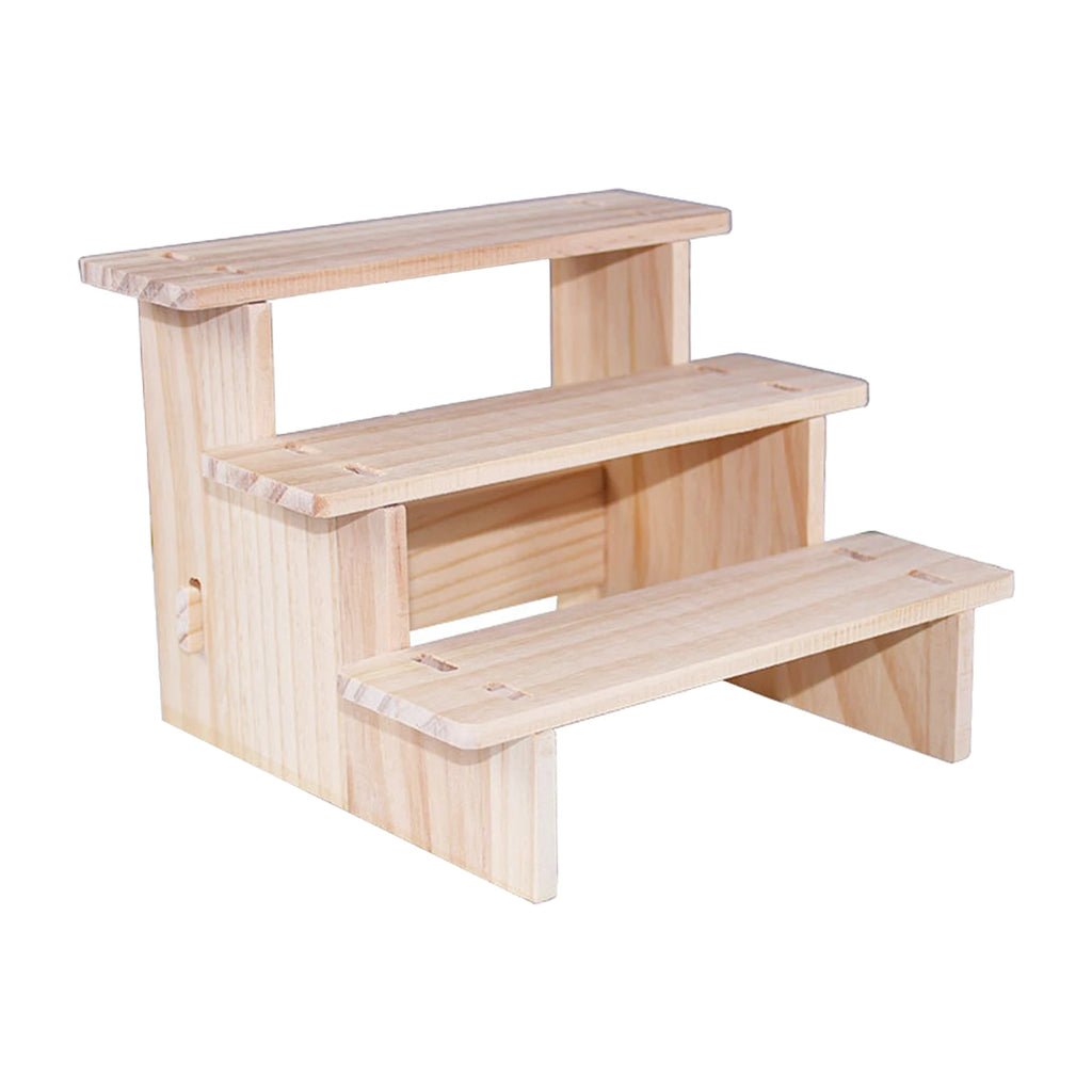 Three-tier natural wood display riser shelf on white background