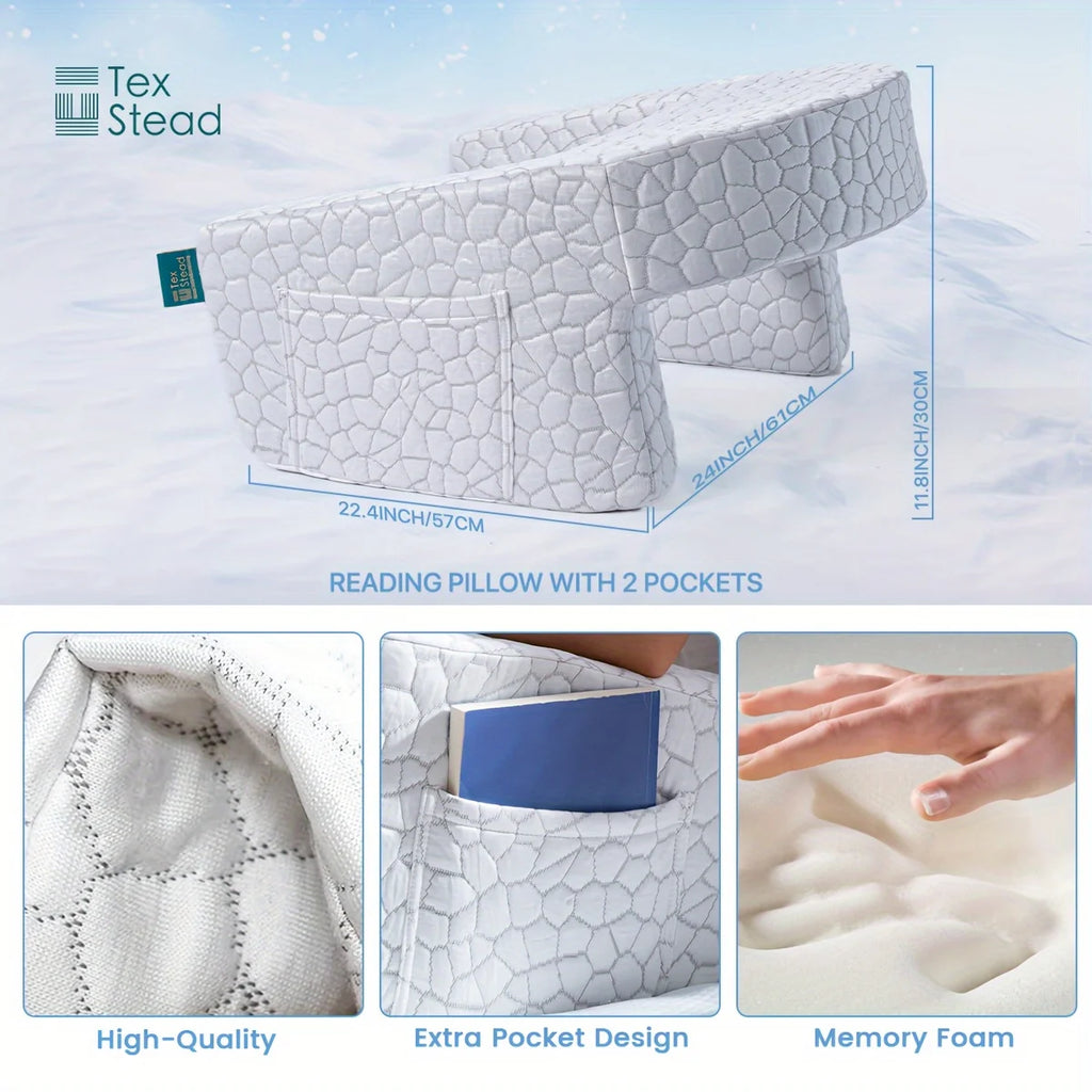 White reading pillow with measurement diagram, close-up of pocket, and hand pressing memory foam filling