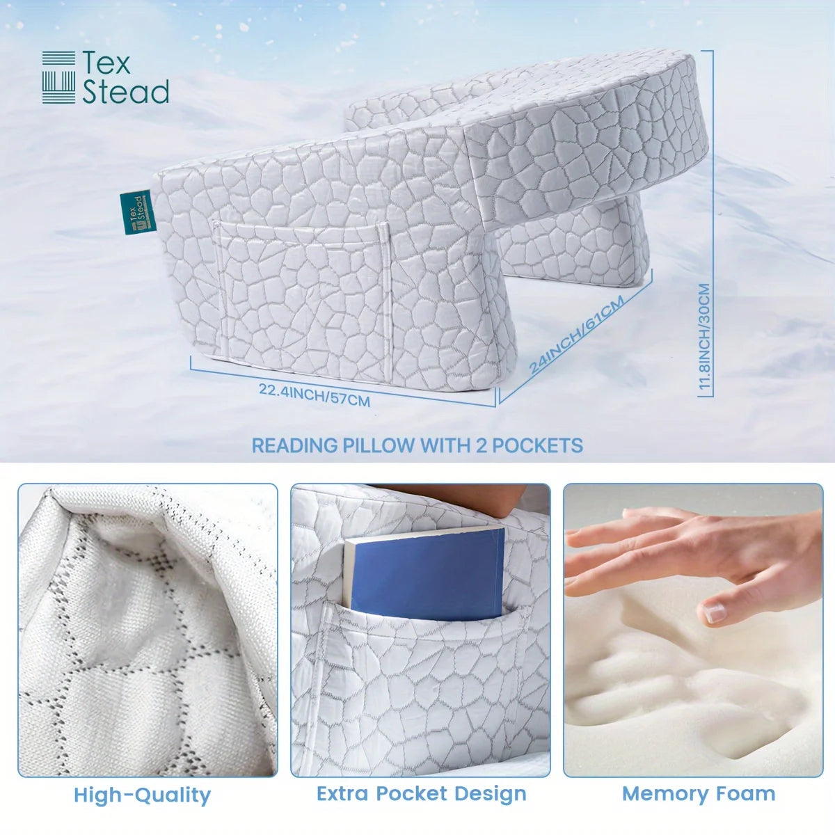 White reading pillow with measurement diagram, close-up of pocket, and hand pressing memory foam filling