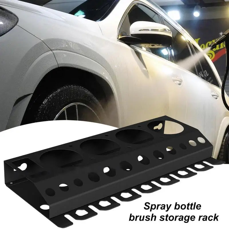 spray bottle brush storage rack next to a car being washed, highlighting potential use
