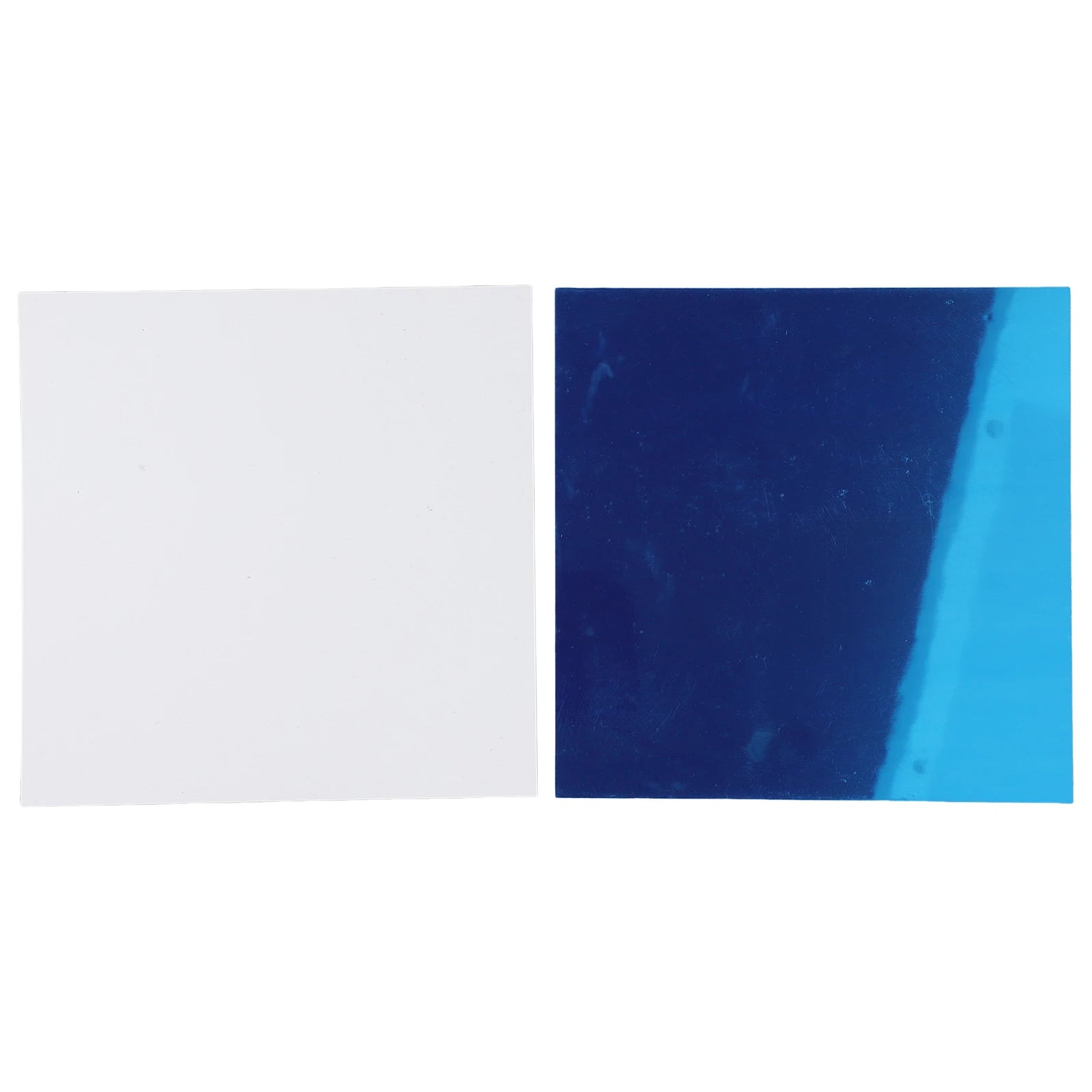 Side-by-side view of acrylic mirror tile with and without blue protective film
