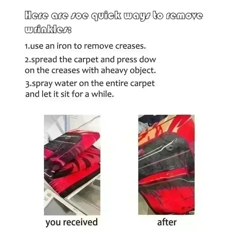 Care instructions showing before and after images of a folded and smoothed area rug