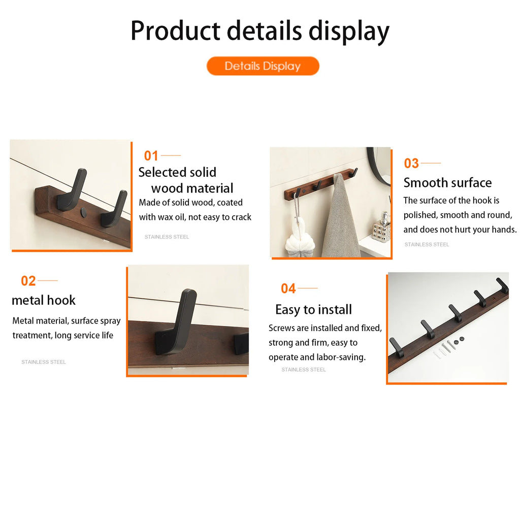 Product detail display showing close-ups of a wood and metal hook rack, highlighting wood grain, hook surface, hanging a towel, and included hardware