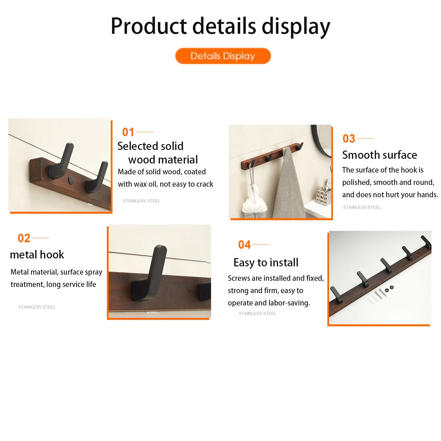 Product detail display showing close-ups of a wood and metal hook rack, highlighting wood grain, hook surface, hanging a towel, and included hardware
