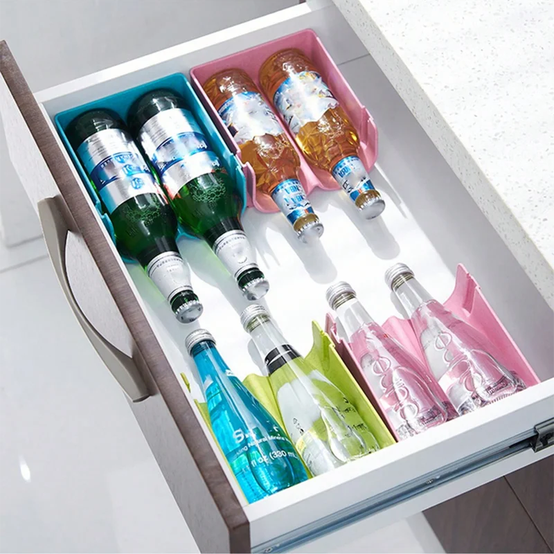 Stackable Fridge Bottle & Can Organizer Rack in Blue, Pink, or Green – Space-Saving Kitchen Storage for Drinks