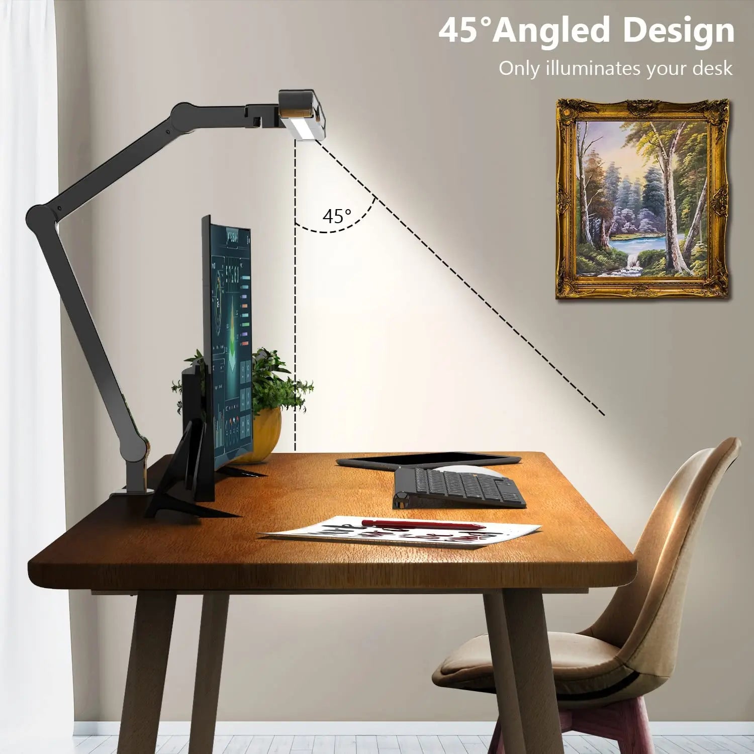 Adjustable LED desk lamp clamped to side of desk, angling light at 45 degrees onto workspace