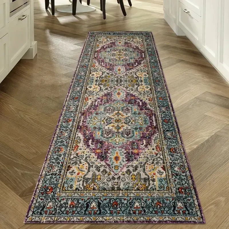 Vintage-style runner rug with blue and purple pattern in hallway
