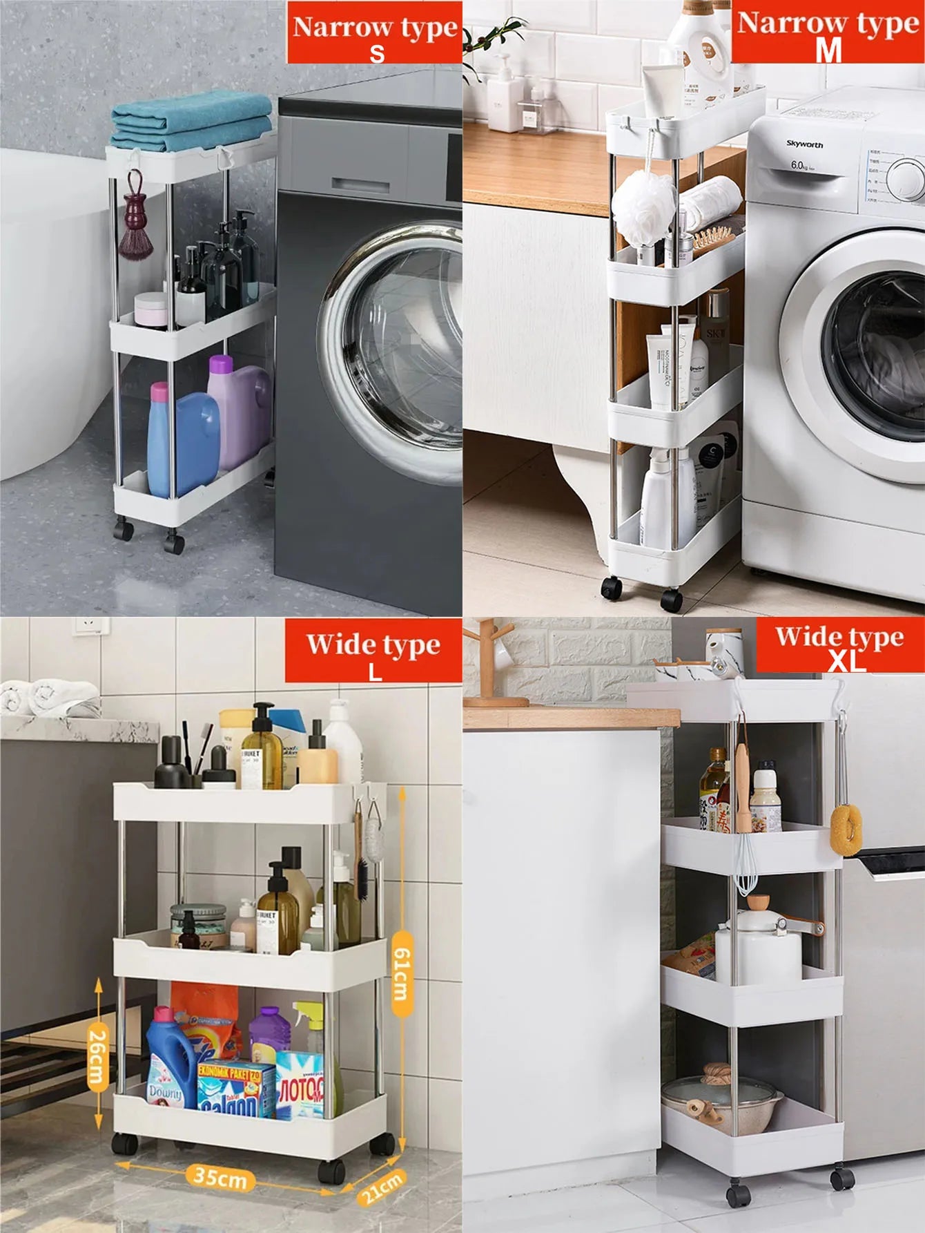 Slim Rolling Utility Cart for Kitchen, Bathroom, or Laundry Gap Storage