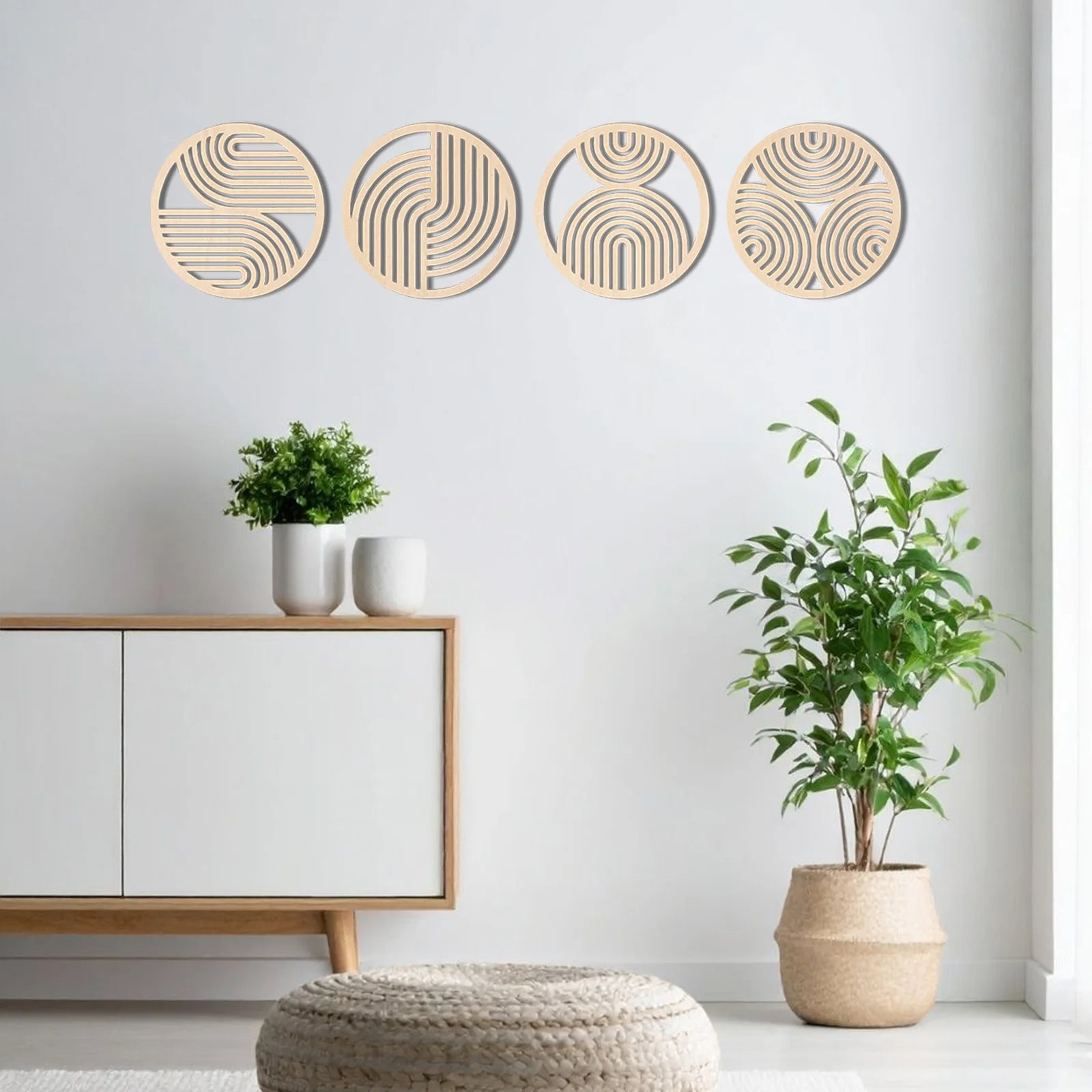 Arcadia Round Wooden Wall Art Set – 4-Piece Geometric Panels