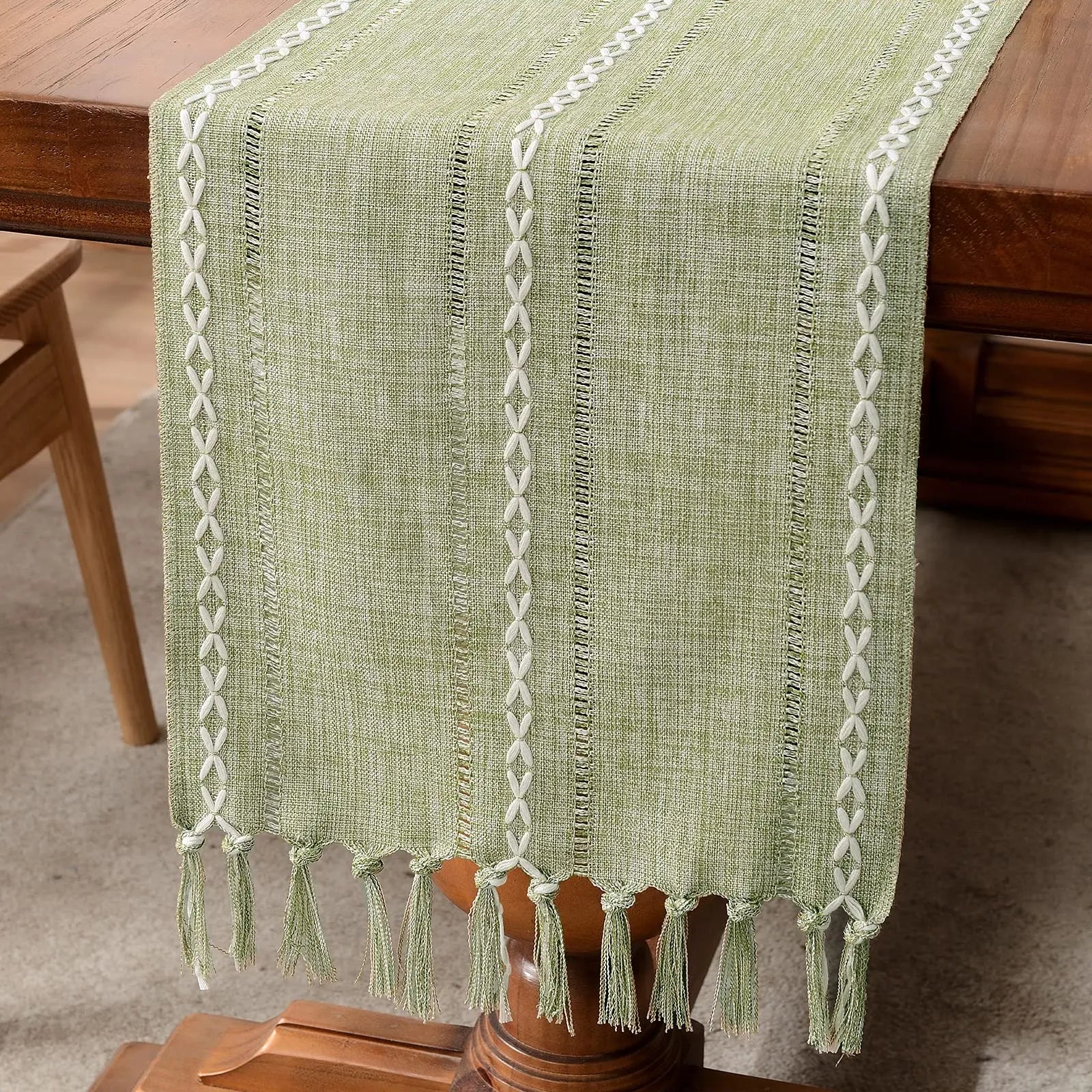 Hemstitched Linen Table Runner with Tassels