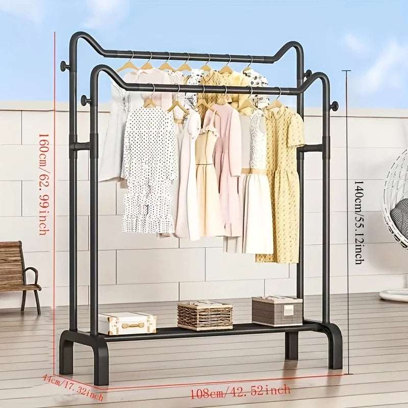 Twin Bar Metal Clothes Rack with Shoe Shelf – Freestanding Bedroom Organizer