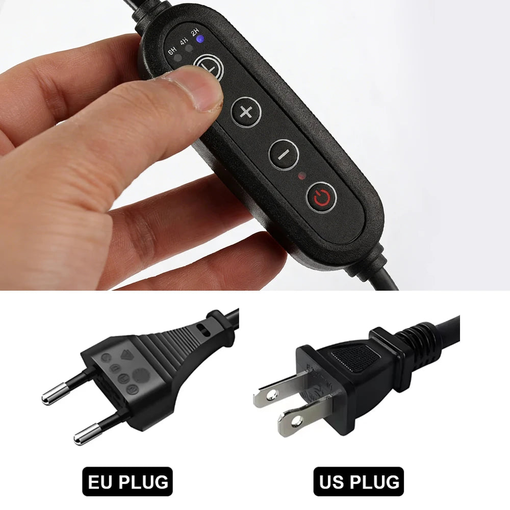 Close-up of electric candle warmer lamp remote with timer controls and US/EU plug options