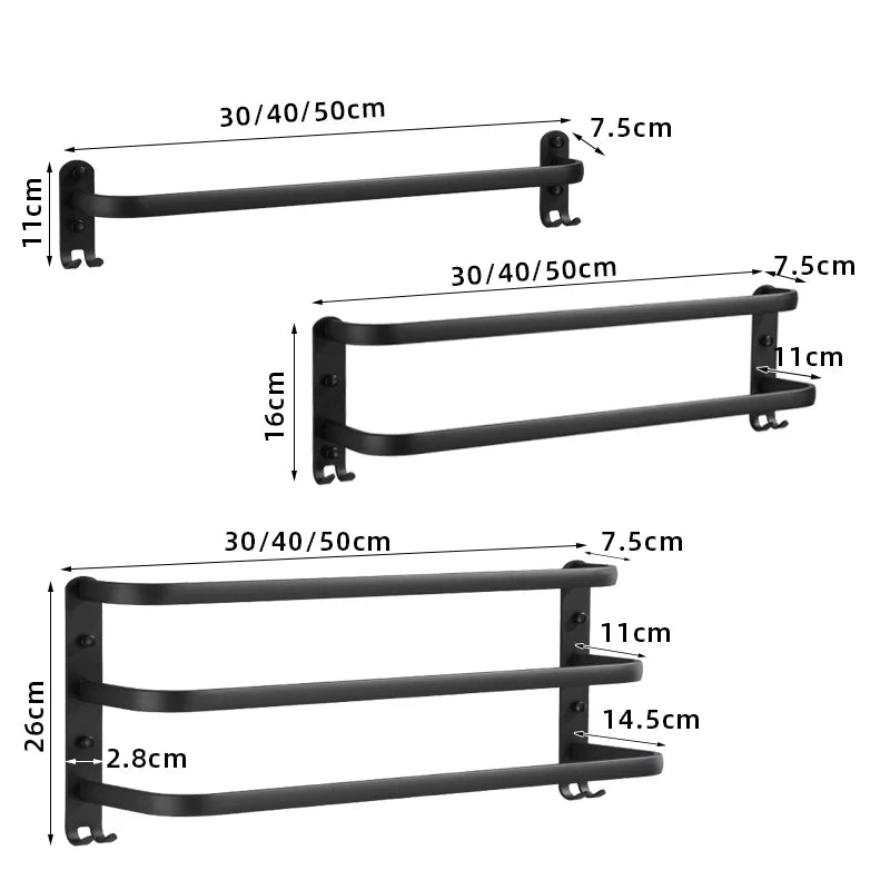 dimension diagram of single, double, and triple bar matte black towel racks with measurements in centimeters