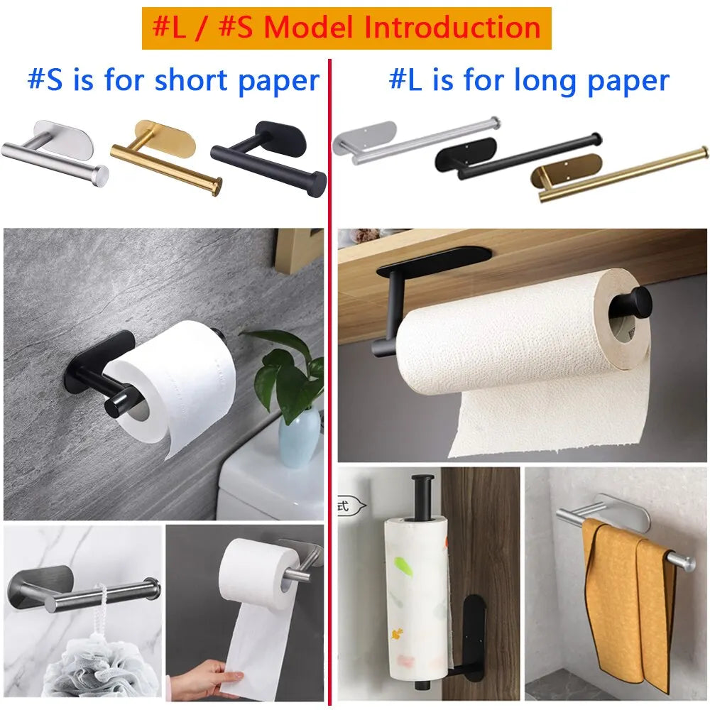 Short and long adhesive paper holders in gold, silver, and black, shown holding toilet and paper towel rolls in a kitchen and bathroom setting