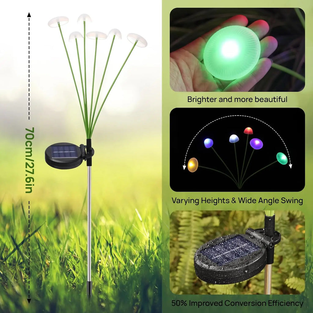 Solar mushroom path light with close-up of solar panel, hand holding illuminated cap, and illustrative use in grass