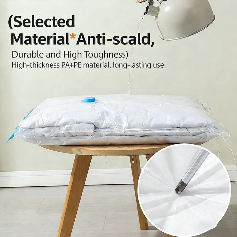 Vacuum bag on wooden table with water being poured on, highlighting PA+PE material
