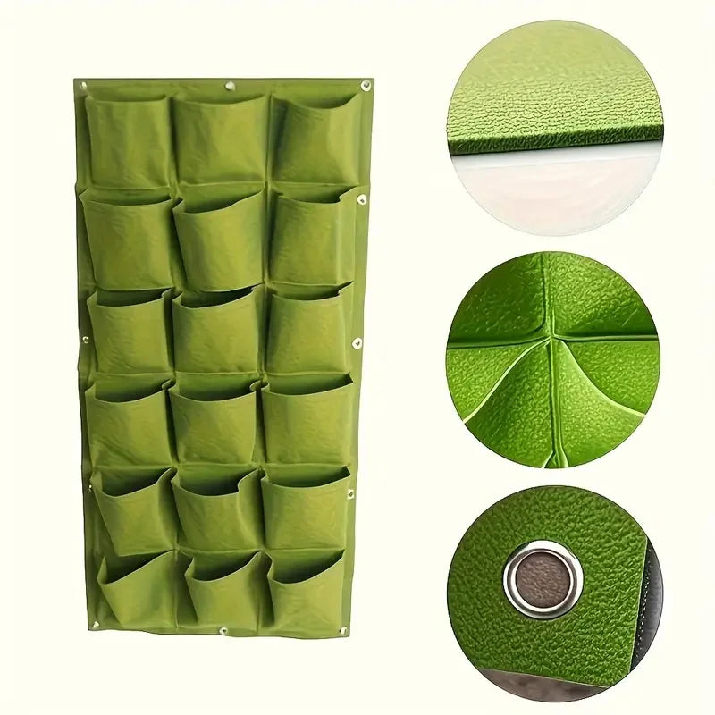 18-pocket wall-mounted garden planter in green showing plant fiber texture and metal-reinforced eyelet