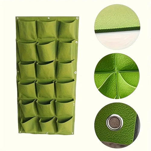 18-pocket wall-mounted garden planter in green showing plant fiber texture and metal-reinforced eyelet