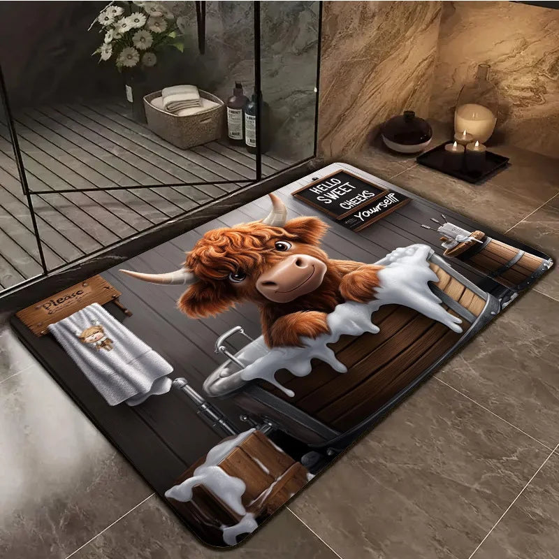 highland cow bath mat placed beside a shower in a cozy bathroom