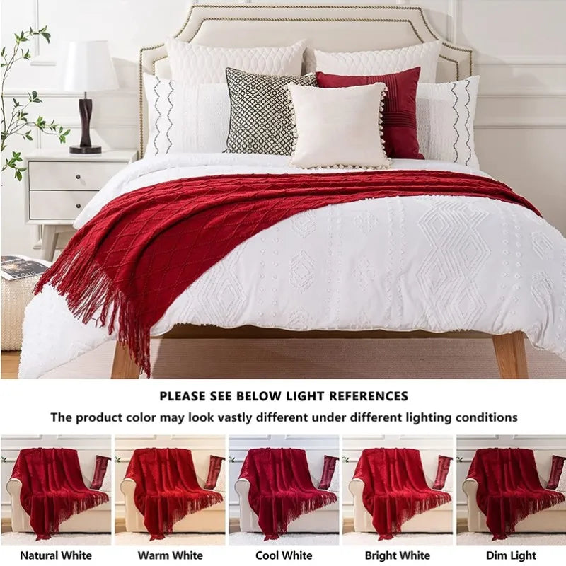 Nordic Knit Acrylic Throw Blanket with Tassels for Bed, Sofa, and Cozy Winter Decor