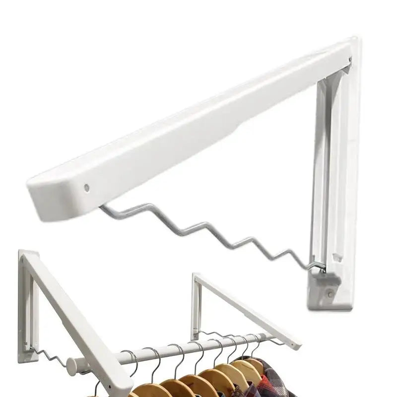 White wall-mounted drying rack with wavy metal bar, shown open and holding hangers