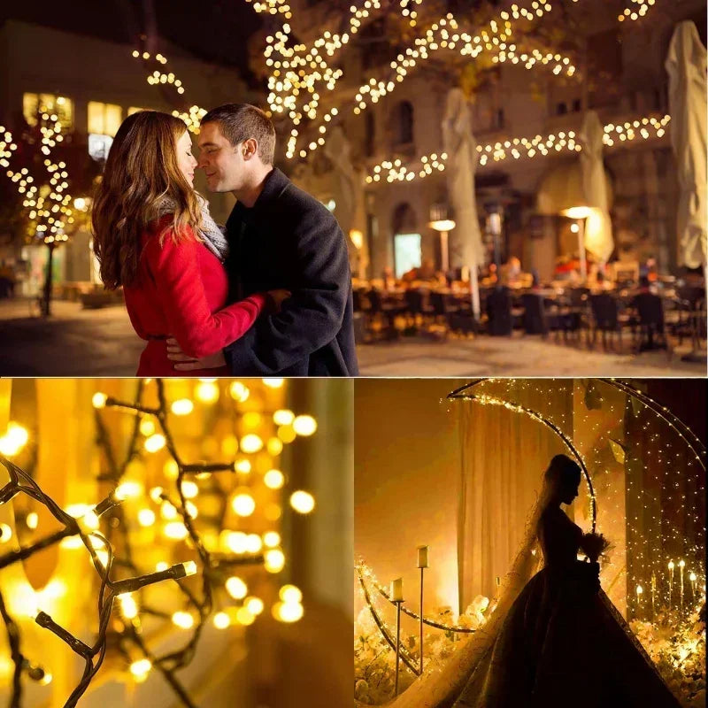 People and venues illuminated by warm white LED string lights in outdoor and wedding scenes