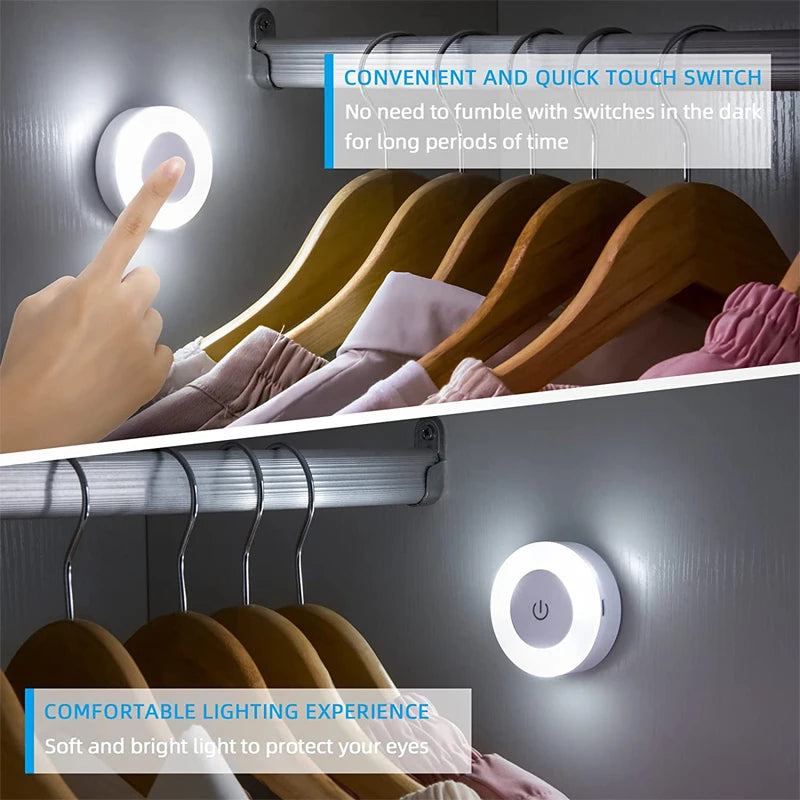 Touch night light mounted inside closet above hanging clothes, in use