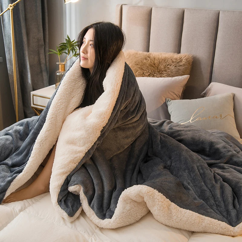 Double-sided sherpa fleece blanket draped around a person on a bed
