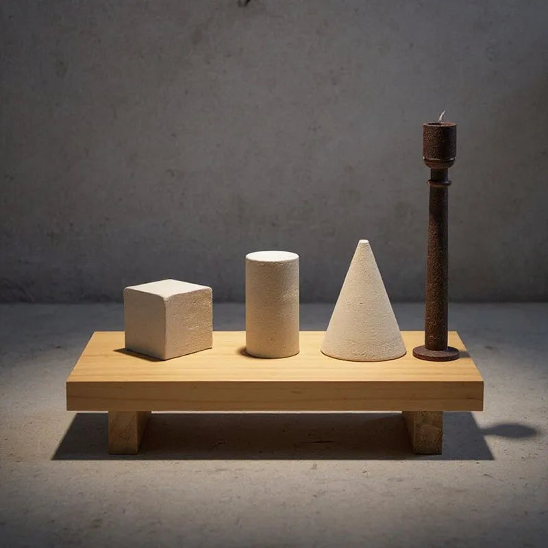 Minimalist natural wood display tray stand with candle and decor objects on tabletop