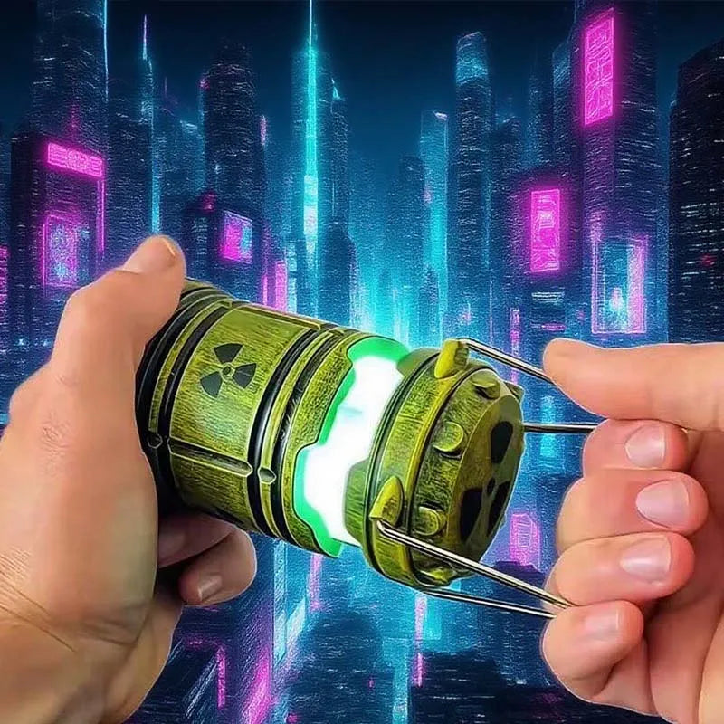 A person holding a mini nuclear reactor lantern night light with glowing green LED in a futuristic setting